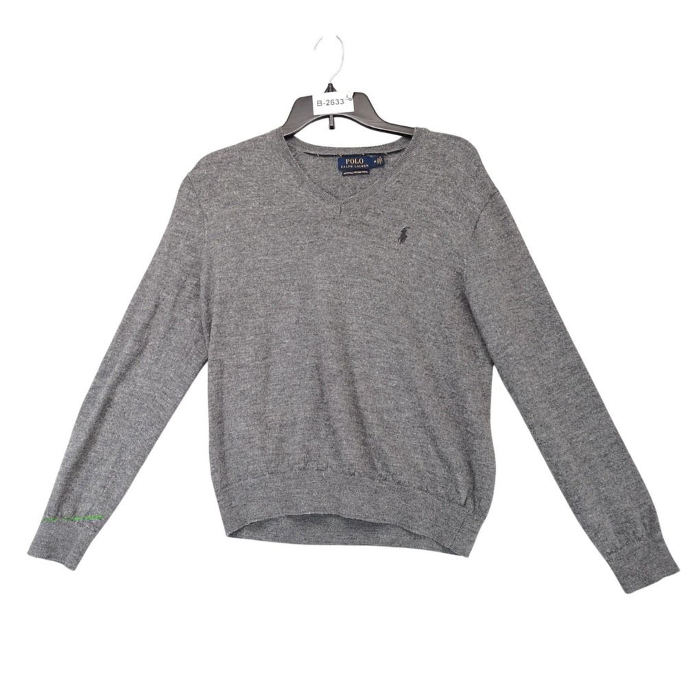 Polo Ralph Lauren Gray 100% Merino Wool V-Neck Sweater Mens M Pony Logo Preppy